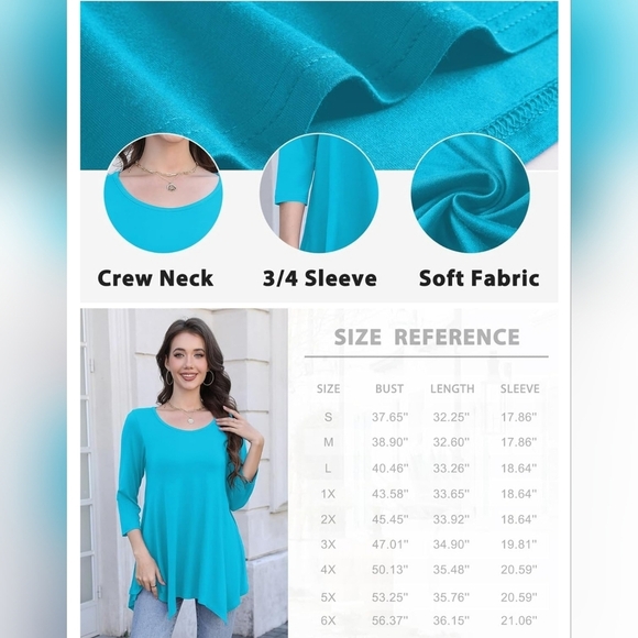 Women's 3/4 Sleeve Casual Flowy Loose Fit Swing Top Tunic, Lake Blue 3X - Picture 4 of 8
